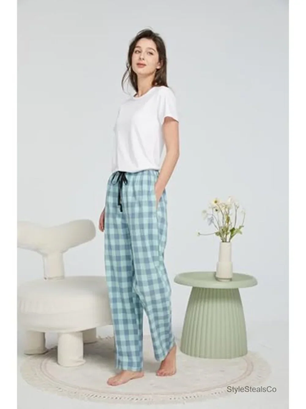 Lightweight Cotton Woven Plaid Pajama Pants With Pockets